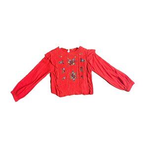 Peasant Free People Tomate Red Blouse Cropped Embroidered Top